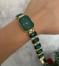 Swarovski zirkon taşlı yeşil renk bayan saat