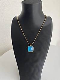 Turkuaz kare taşlı  Çelik kolye