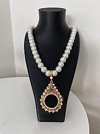 Yarım altın uyumlu damla model inci kolye 60 cm