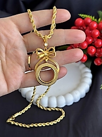 Fiyonklu çeyrek altın uyumlu çerçeveli kolye 60 cm
